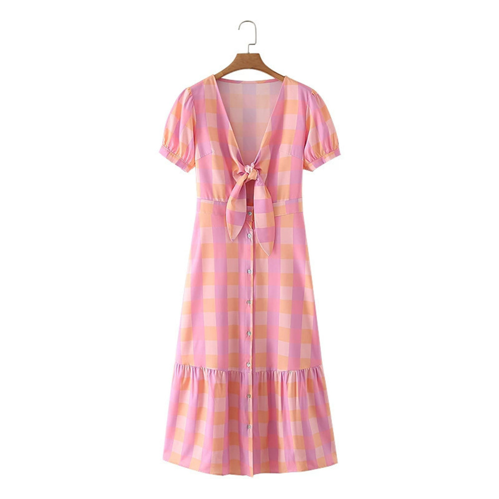 Womens Spring Bow Trim Long Plaid Dress